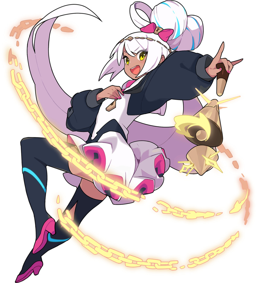1girl \n/ absurdly_long_hair arm_up artist_request bell blue_hair blue_sleeves blue_thighhighs blush bow broken broken_chain chain circlet clothing_cutout dark-skinned_female dark_skin female_focus flat_chest from_side full_body garter_straps glowing green_eyes hair_bow hair_bun hand_up happy high_heels highres holding holding_bell hood hood_down hoodie jumping keyhole kiana_(world_flipper) light_blush long_hair long_sleeves looking_at_viewer miniskirt multicolored_hair nail_polish non-web_source official_art open_mouth outstretched_arm pink_bow pink_nails pink_shoes ponytail raglan_sleeves shoes sidelocks simple_background single_hair_bun skirt smile solo streaked_hair sweater teeth thighhighs transparent_background tutu two-tone_hair v-shaped_eyebrows very_long_hair white_hair white_skirt world_flipper zettai_ryouiki zipper_pull_tab