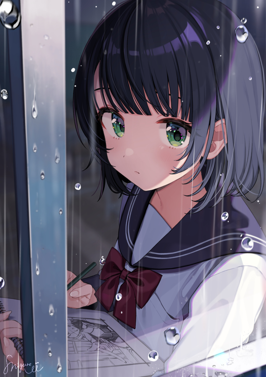 1girl :/ black_hair blue_sailor_collar blunt_bangs blurry bow bowtie breast_pocket classroom depth_of_field green_eyes highres holding holding_pencil holding_sketchbook long_sleeves looking_outside official_art original pencil pocket rain red_bow red_bowtie sailor_collar school_uniform serafuku shigure_ui shirt short_hair signature sketchbook solo upper_body white_shirt