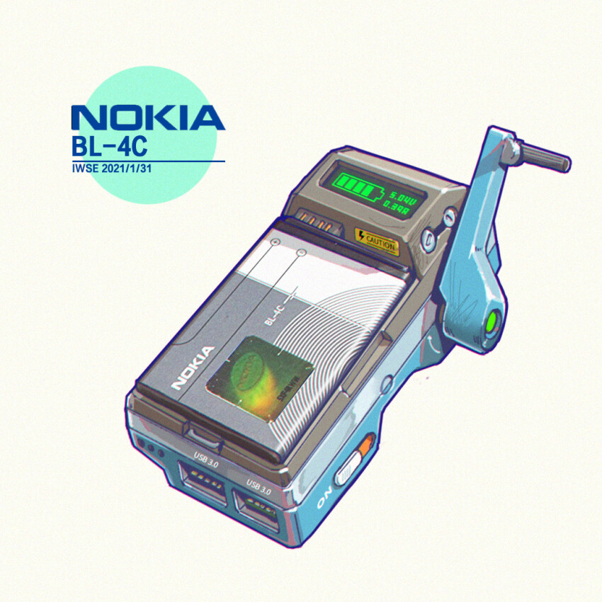 artist_name battery battery_indicator copyright_name crank dated english_text iwse_zhang no_humans nokia_(company) original simple_background still_life usb_port_(object) white_background