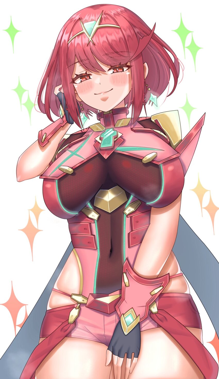 1girl blush breasts chest_jewel core_crystal_(xenoblade) cowboy_shot highres hip_vent large_breasts looking_at_viewer meipasuye pyra_(xenoblade) red_eyes red_hair red_shorts short_hair shorts simple_background smile solo sparkle tiara white_background xenoblade_chronicles_(series) xenoblade_chronicles_2