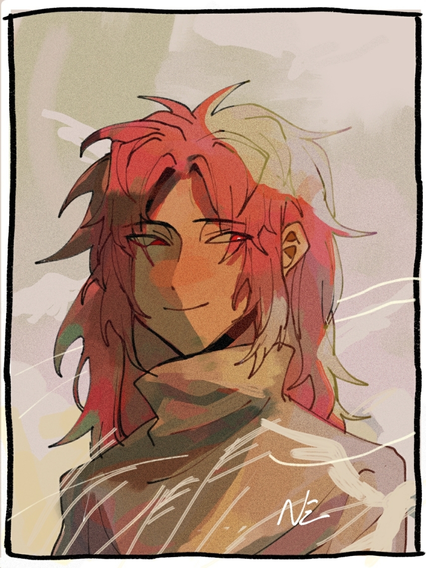1boy beiquqian border chinese_commentary closed_mouth commentary_request curtained_hair eyes_visible_through_hair film_grain grey_background hatsutori_hajime high_collar highres long_hair male_focus parted_bangs pink_hair red_eyes saibou_shinkyoku shirt smile solo upper_body variant_set white_border white_shirt