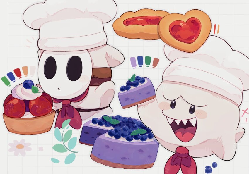 1boy blueberry blush_stickers boo_(mario) cake cake_slice chef_hat cookie food fruit ghost hat heart heart-shaped_food highres male_focus mario_(series) mofupoyo nintendo open_mouth robe sharp_teeth shy_guy simple_background teeth upper_teeth_only white_background white_hat white_mask white_robe