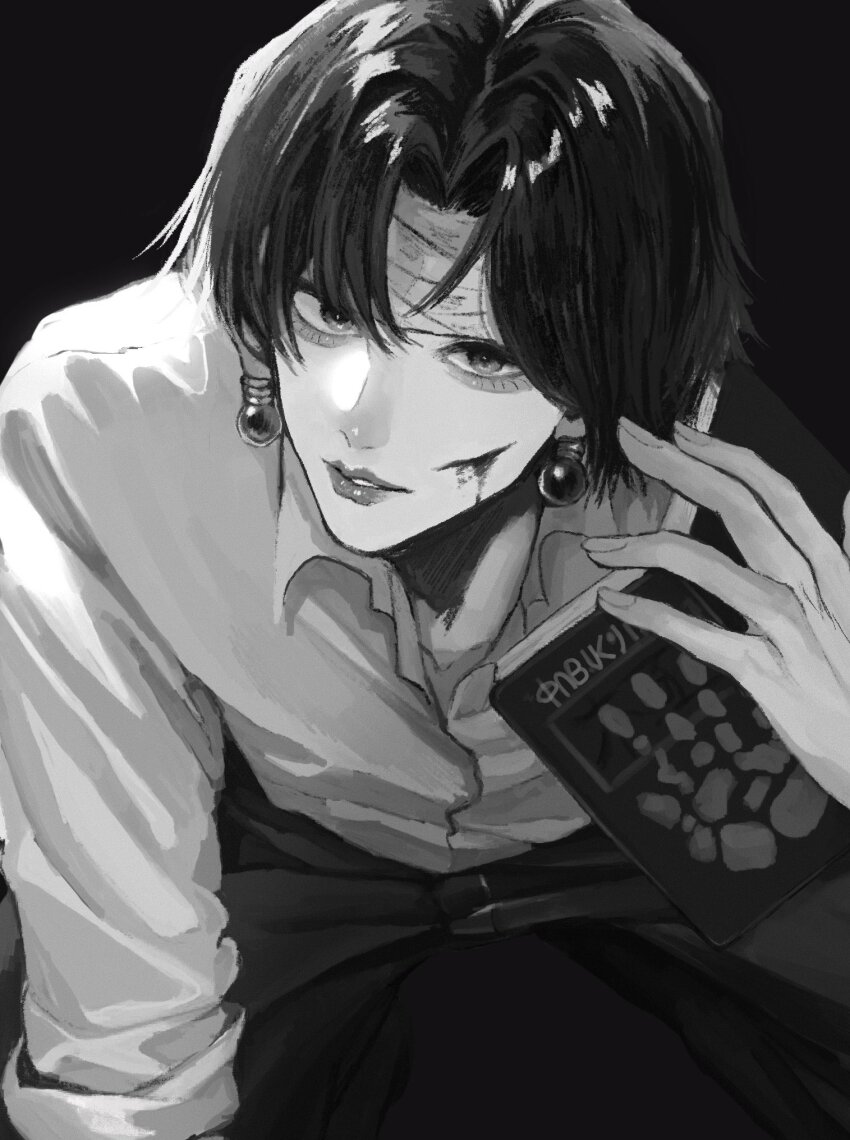 1boy arm_up bandaged_head bandages black_background blood blood_on_face book chrollo_lucilfer collared_shirt commentary curtained_hair cuts earrings edamame_117 eyelashes fingernails greyscale hashtag-only_commentary highres holding holding_book hunter_x_hunter injury jewelry leaning_forward long_sleeves looking_at_viewer male_focus monochrome open_book open_collar pants parted_hair parted_lips piercing shirt shirt_tucked_in short_hair simple_background sleeve_cuffs solo sphere_earrings wing_collar