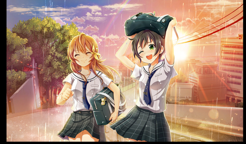 ;d ^_^ arihara_tsubasa bag black_hair blue_bag blue_necktie bow brown_hair cinderella_series closed_eyes closed_mouth cloud game_cg green_eyes grey_skirt hachigatsu_no_cinderella_nine hair_between_eyes hair_bow highres holding holding_bag improvised_umbrella kawakita_tomoe lens_flare long_hair necktie non-web_source official_art one_eye_closed open_mouth orange_sky outdoors plaid_clothes plaid_skirt pleated_skirt rain rainbow road running sailor_collar satogahama_school_uniform school_bag school_uniform serafuku shirt short_hair short_sleeves skirt sky smile summer_uniform sunset teeth tree upper_teeth_only white_sailor_collar white_shirt yellow_bow