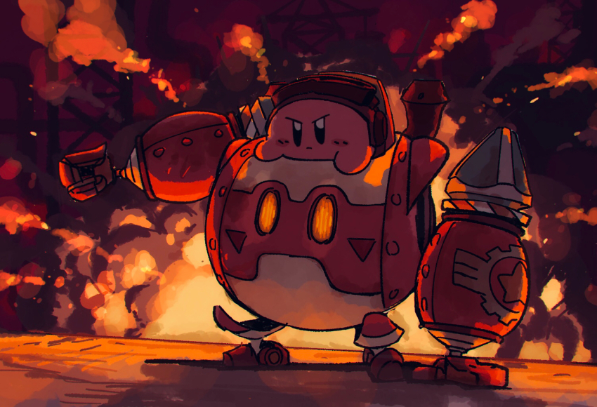 black_eyes blush_stickers brown-framed_eyewear brown_helmet building closed_mouth colored_skin determined explosion goggles goggles_on_headwear helmet kirby kirby:_planet_robobot kirby_(series) light_frown looking_at_viewer mecha nintendo no_humans outdoors pink_skin purple_sky robobot_armor robot sky smoke sunset suyasuyabi v-shaped_eyebrows