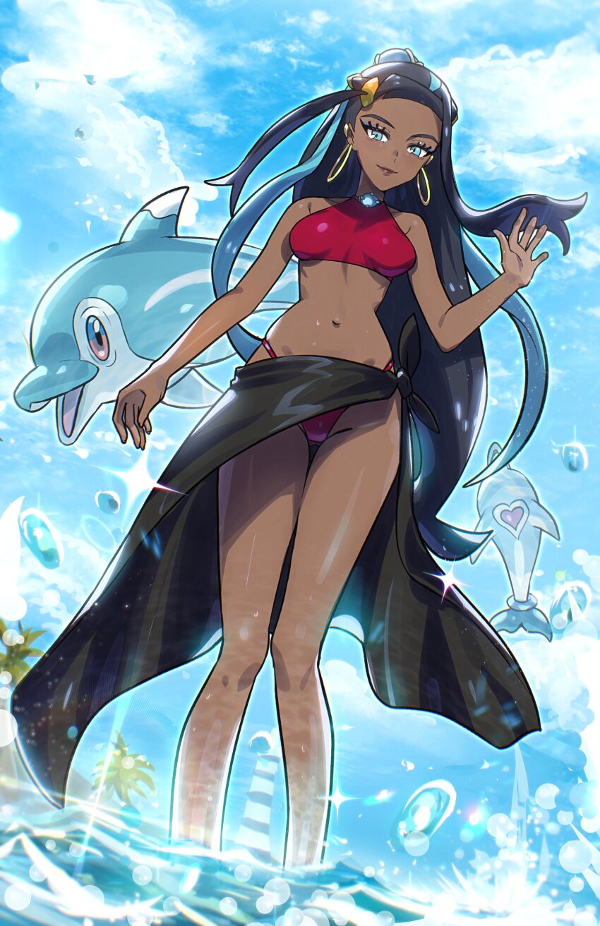 1girl absurdres alternate_costume bikini black_hair black_sarong blue_eyes blue_hair breasts crop_top dark-skinned_female dark_skin earrings finizen hair_bun highres hoop_earrings jewelry long_hair looking_at_viewer multicolored_hair navel necklace nessa_(pokemon) nintendo palafin palafin_(zero) pokemon pokemon:_twilight_wings pokemon_(creature) red_bikini ryairyai sarong single_hair_bun smile solo swimsuit two-tone_hair