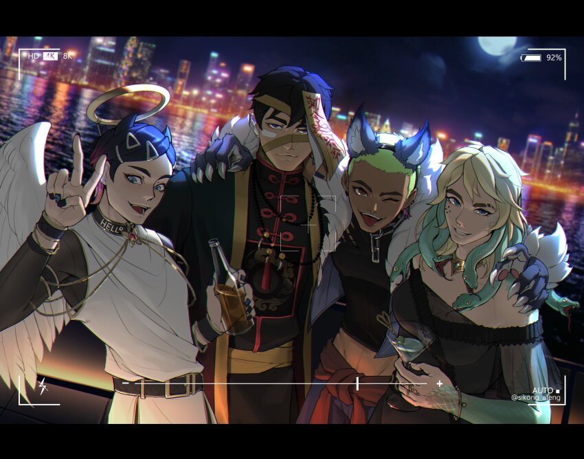 1girl 1other 2boys absurdres alternate_costume angel_wings animal_ears black_hair blonde_hair city clove_(valorant) deadlock_(valorant) fake_animal_ears gekko_(valorant) green_hair highres iso_(valorant) jiangshi_costume multiple_boys night sikong_afeng snake_hair valorant viewfinder wings