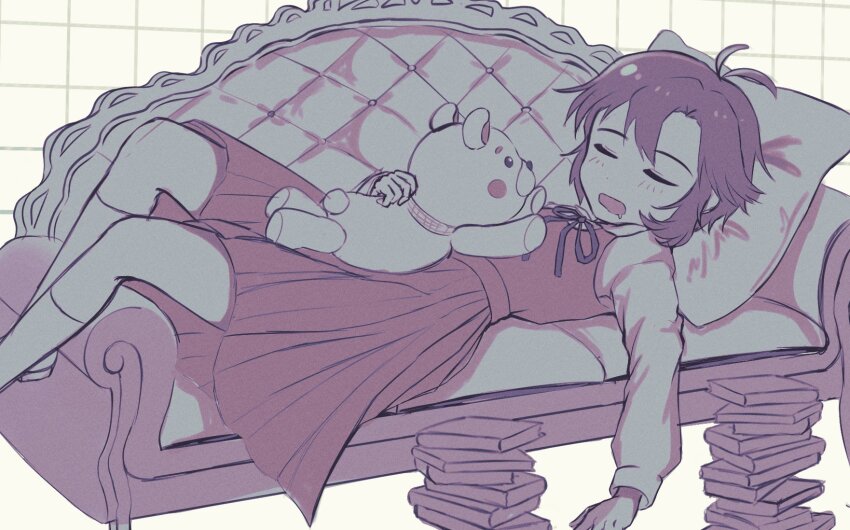antenna_hair book book_stack couch highres idolmaster kikuchi_makoto miyagi parted_bangs ribbon school_uniform sidelocks sleeping stuffed_animal stuffed_toy teddy_bear