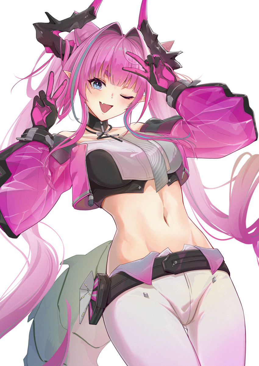 absurdres arknights arknights:_endfield black_horns crop_top diamond_in_eye gloves highres horns multicolored_horns pants pink_gloves pink_horns pink_sleeves see-through_clothes see-through_sleeves shimizu_kazunari two-tone_gloves two-tone_horns v v_over_head white_pants yvonne_(arknights)