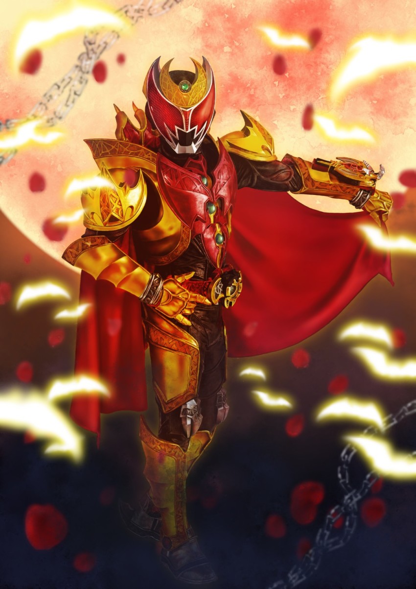 1boy armor bat_(animal) cape chain fangs flower gloves goth_fashion hand_on_own_hip highres kamen_rider kamen_rider_kiva kamen_rider_kiva_(emperor_form) kamen_rider_kiva_(series) kivat-bat_iii male_focus moon moonlight petals red_cape red_eyes red_moon rider_belt rose rose_petals tachibana_satsuki_(artist) tokusatsu vampire