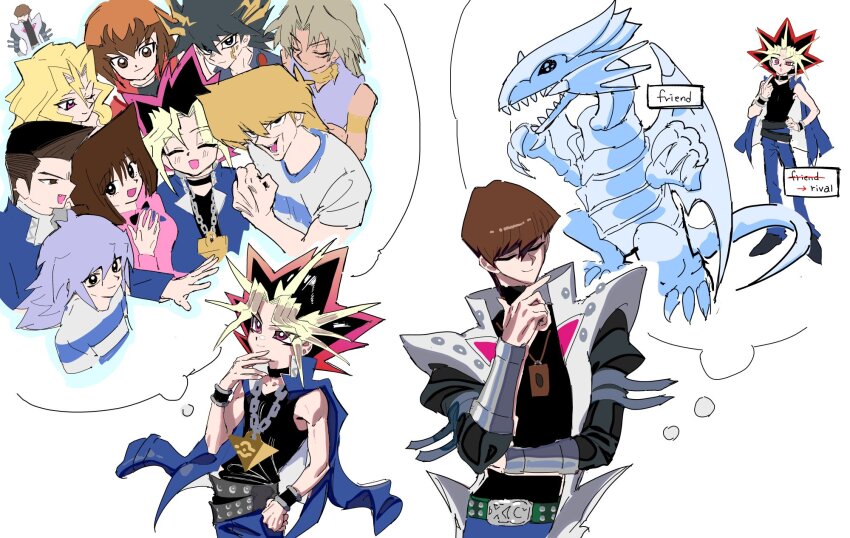2girls 6+boys :d armlet bakura_ryou belt black_choker black_eyes black_footwear black_hair black_shirt blonde_hair blue-eyes_white_dragon blue_jacket blue_outline blue_pants blue_shirt brown_eyes brown_hair card chain chain_necklace choker coat commentary diagonal-striped_shirt domino_high_school_uniform dragon duel_monster colored_bangs earrings english_commentary facial_mark fudo_yusei gold_armlet gold_earrings grey_hair hair_between_eyes highres honda_hiroto image_in_thought_bubble jacket jewelry jonouchi_katsuya kaiba_seto kujaku_mai marik_ishtar mazaki_anzu medium_hair millennium_puzzle multicolored_hair multiple_belts multiple_boys multiple_girls muto_yugi necklace open_mouth outline pants pink_eyes pink_shirt pointing pointing_at_self raised_eyebrow red_hair school_uniform shirt short_hair single_earring sketch sleeveless sleeveless_shirt smile speech_bubble spiked_hair thought_bubble trading_card white_background white_coat white_shirt yami_yugi youduk yu-gi-oh! yu-gi-oh!_5d&#039;s yu-gi-oh!_duel_monsters yu-gi-oh!_gx yuki_judai