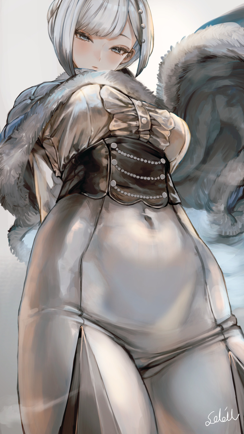 1girl absurdres akershus_fortress_(oshiro_project) artist_name black_corset blue_cape blue_eyes blush bodysuit braid breasts cape center_frills closed_mouth commission corset covered_navel cowboy_shot frilled_shirt frills from_below fur-trimmed_cape fur_trim grey_hair hair_ornament highres large_breasts looking_at_viewer oshiro_project:re ribbed_shirt shirt signature skeb_commission soleil_(soleilmtfbwy03) solo swept_bangs tight_clothes white_bodysuit white_shirt