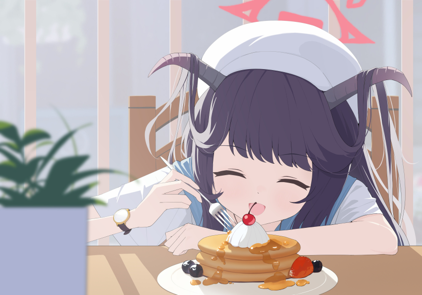 1girl absurdres arm_rest black_hair blue_archive blueberry blurry blurry_foreground cherry closed_eyes demon_horns food fork fruit fuuka_(blue_archive) fuuka_(casual)_(blue_archive) halo hat highres holding holding_fork horns indoors long_hair open_mouth pancake pancake_stack plate red_halo short_sleeves smile solo strawberry syrup tachi_yuzuki upper_body watch white_hat wristwatch