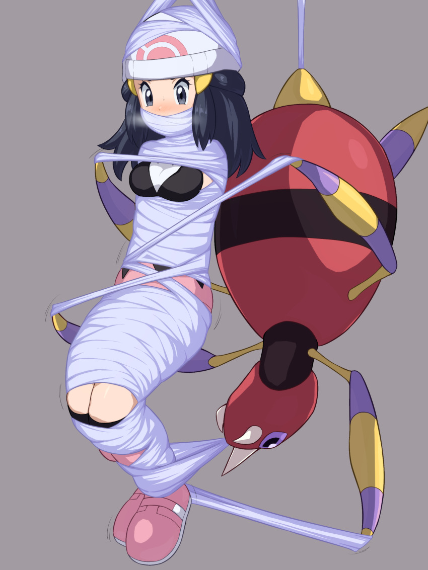1girl absurdres ariados bdsm beanie black_socks blue_eyes blue_hair blush bondage boots bound bound_arms bound_legs breasts bug captured commentary_request dawn_(pokemon) full_body gag gagged gen_2_pokemon grey_background hair_ornament hat highres kerriaria kneehighs long_hair matching_hair/eyes nintendo pokemon pokemon_(creature) pokemon_dppt restrained silk simple_background skirt socks spider spider_web suspension trembling web