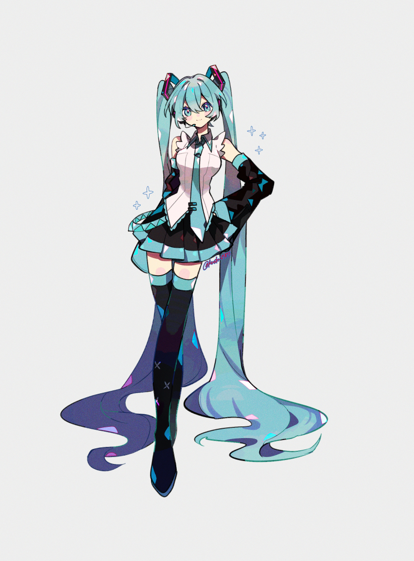 1girl :3 absurdly_long_hair aqua_eyes aqua_hair aqua_necktie aqua_trim artist_name bare_shoulders black_skirt black_sleeves blush_stickers boots breasts collared_vest contrapposto crossed_legs detached_sleeves full_body hair_between_eyes hand_on_own_hip hatsune_miku highres kawasaki_(kwsk_8765) leaning_to_the_side legs long_hair looking_at_viewer medium_breasts necktie simple_background skirt sleeves_past_wrists smile solo standing star_(symbol) thigh_boots thigh_gap thighhighs twintails very_long_hair vest vocaloid white_background zettai_ryouiki