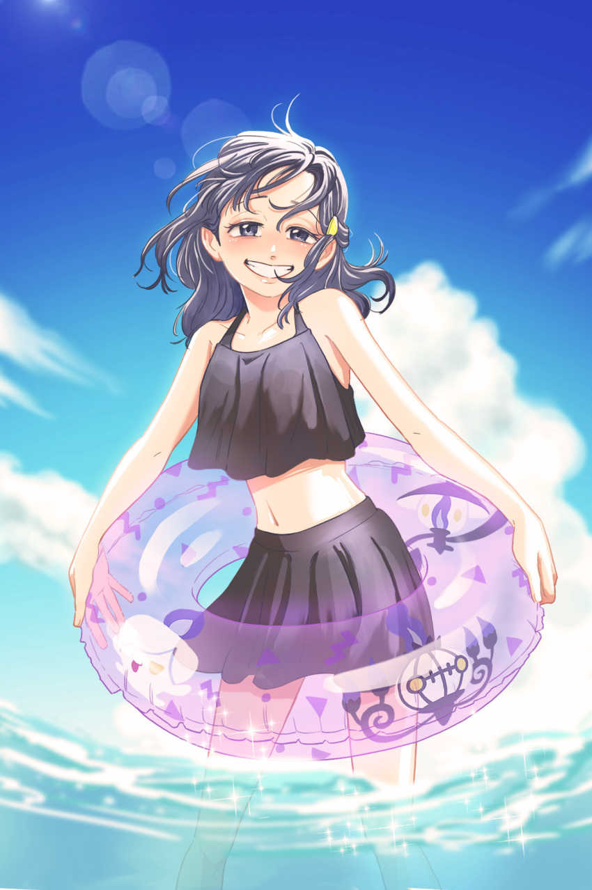1girl akari_(pokemon) bikini black_bikini black_eyes black_hair black_skirt blue_sky chandelure cloud commentary_request gen_5_pokemon grin hair_ornament hairclip highres innertube lampent lens_flare litwick navel nintendo pokemon pokemon_legends:_arceus skirt sky smile solo suma3695 swim_ring swimsuit wading