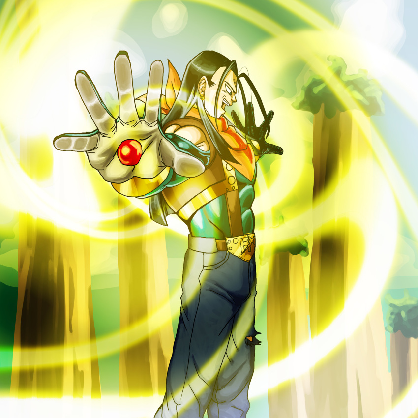 1boy abs android aura bare_shoulders black_hair blue_eyes cleavage_cutout clothing_cutout denim dragon_ball dragon_ball_gt energy evil_grin evil_smile fighting_stance fusion gloves grin highres jeans long_hair looking_away looking_down male_focus muscular muscular_arms muscular_back muscular_legs muscular_male ornament pants pectorals power shield smile smirk smug super_17 super_android_17 suspenders