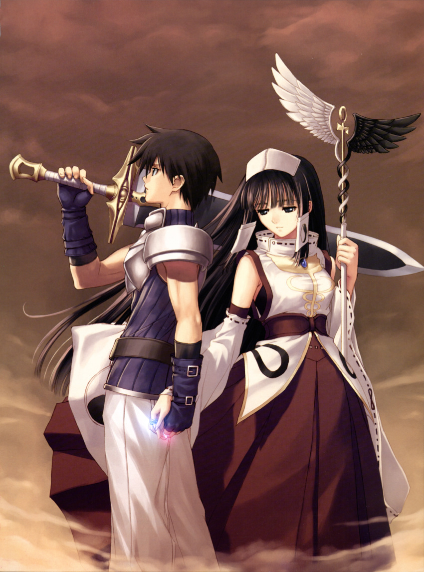 1boy 1girl absurdres armor asymmetrical_wings glowing hakama hakama_skirt half-closed_eyes highres holding_hands japanese_clothes long_hair mismatched_wings pauldrons ryuna ryuuna_(shining_tears) scan sega shining_(series) shining_tears shoulder_armor skirt standing tony_taka very_long_hair xion