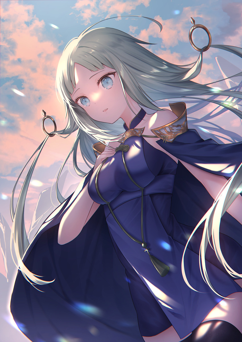 1girl black_thighhighs blue_cloak blue_dress blue_eyes blue_protocol cloak cloud cloudy_sky dress einrain_(blue_protocol) floating floating_hair floating_object green_hair halterneck hand_on_own_chest haruhitooo highres long_hair open_cloak open_clothes parted_bangs sidelocks sky solo tassel thighhighs
