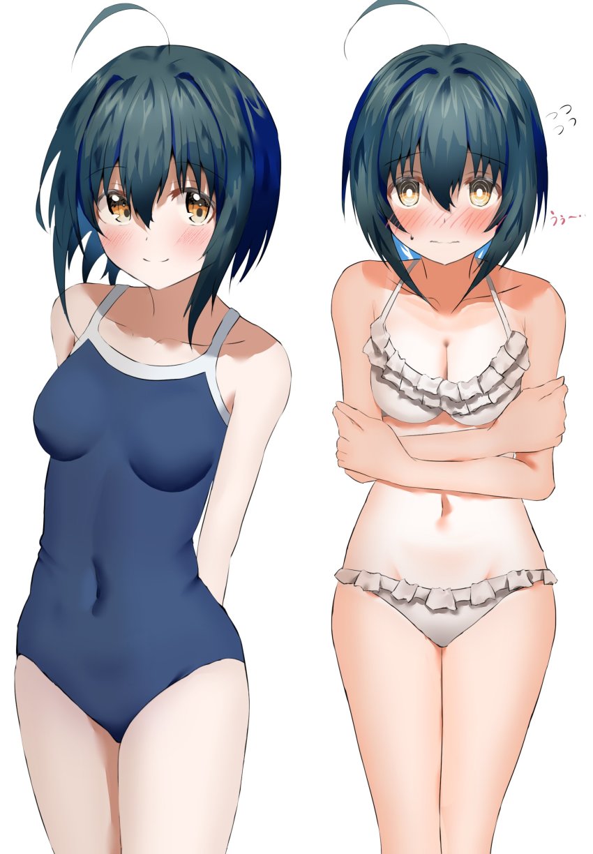 1girl absurdres ashinagi_(bijutu1) black_hair blush breasts cleavage highres idolmaster idolmaster_cinderella_girls kohinata_miho looking_at_viewer school_swimsuit short_hair swimsuit yellow_eyes