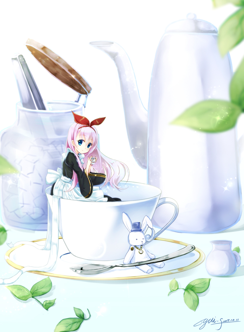 blue_eyes bow cup dated hair_bow highres long_hair looking_at_viewer mini_person minigirl original pink_hair red_bow saucer signature spoon stuffed_animal stuffed_rabbit stuffed_toy sugar_cube tea_kettle teacup watch yuitsuki1206