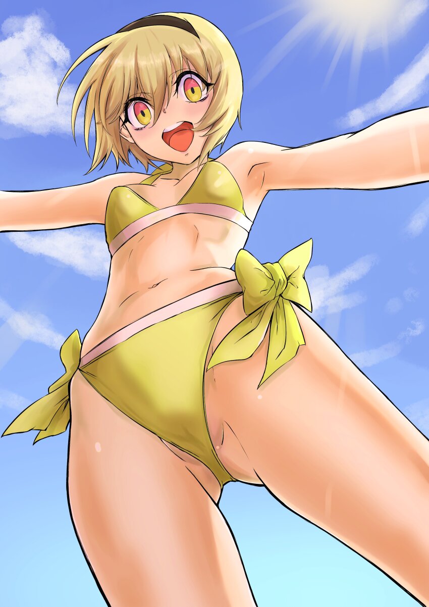 1girl absurdres ago_ch2016 bikini blonde_hair blue_sky bow cloud gluteal_fold green_bikini green_bow hairband highres jashin-chan_dropkick multicolored_eyes partially_visible_vulva pekora_(jashin-chan_dropkick) short_hair sky smile sun sunlight swimsuit two-tone_eyes