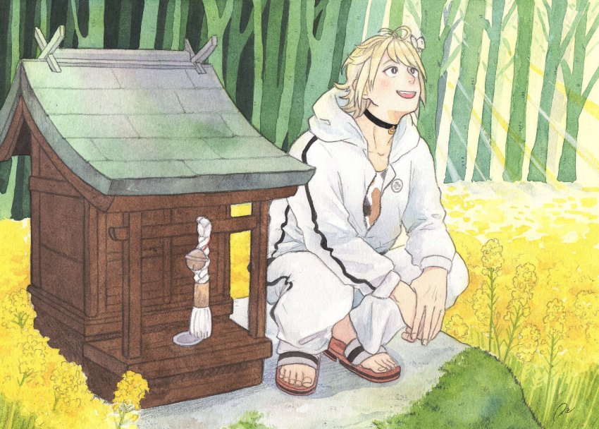 1boy bug butterfly choker collar forest highres hood hoodie bug jacket looking_at_another looking_up male_focus nansen_ichimonji nature open_clothes open_jacket outdoors painting_(medium) pants sandals smile squatting sweatpants touken_ranbu traditional_media tree watercolor_(medium)