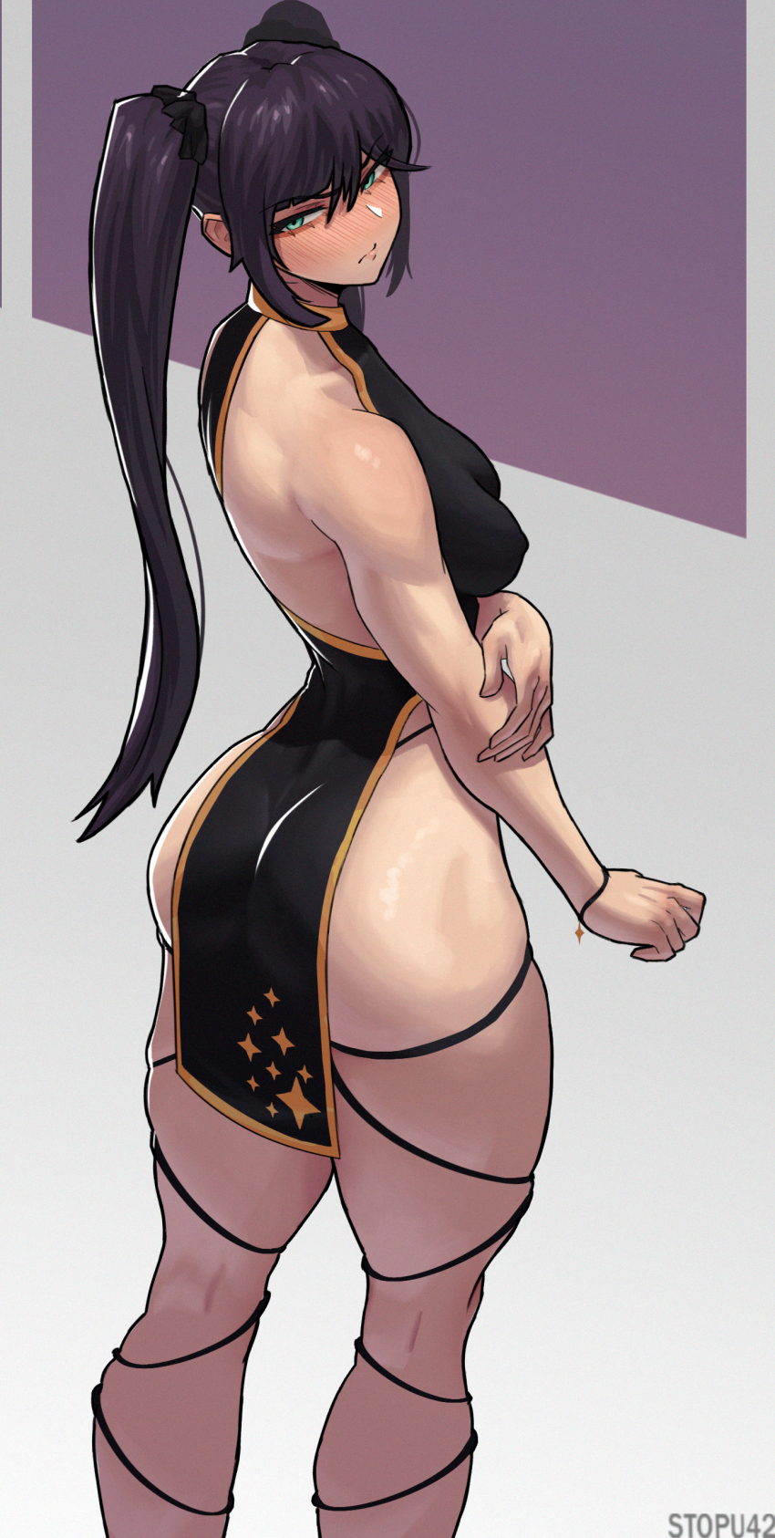 1girl absurdres ass bare_arms bare_hips bare_shoulders black_dress blush breasts closed_mouth covered_erect_nipples dress feet_out_of_frame from_behind full-face_blush genshin_impact green_eyes hair_between_eyes highleg highleg_dress highres long_hair looking_at_viewer looking_back medium_breasts mona_(genshin_impact) multicolored_background pelvic_curtain purple_background purple_hair short_dress sidelocks sleeveless sleeveless_dress solo sparkle_print standing stopu thighs toned twintails two-tone_background white_background wristband