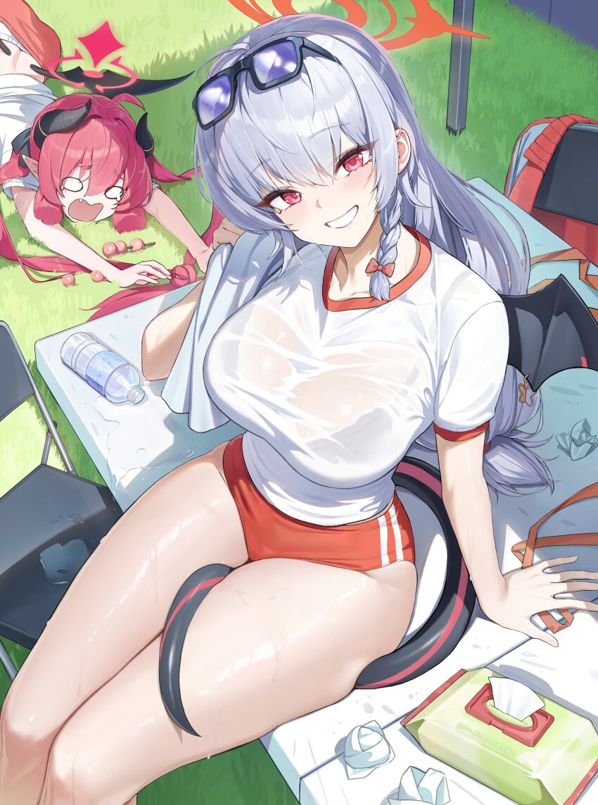 2girls absurdres black_horns black_tail black_wings blue_archive bra_visible_through_clothes braid buruma dango demon_horns demon_wings eyewear_on_head fake_wings food guegue gym_shirt gym_uniform halo haruna_(blue_archive) haruna_(track)_(blue_archive) highres horns junko_(blue_archive) long_hair looking_at_viewer multiple_girls official_alternate_costume on_ground panties panties_under_buruma panty_peek piercing red_buruma red_hair red_halo shirt side_braid single_wing sitting smile solo_focus taut_clothes tissue_box underwear used_tissue wagashi white_hair white_panties wing_piercing wings wiping_sweat