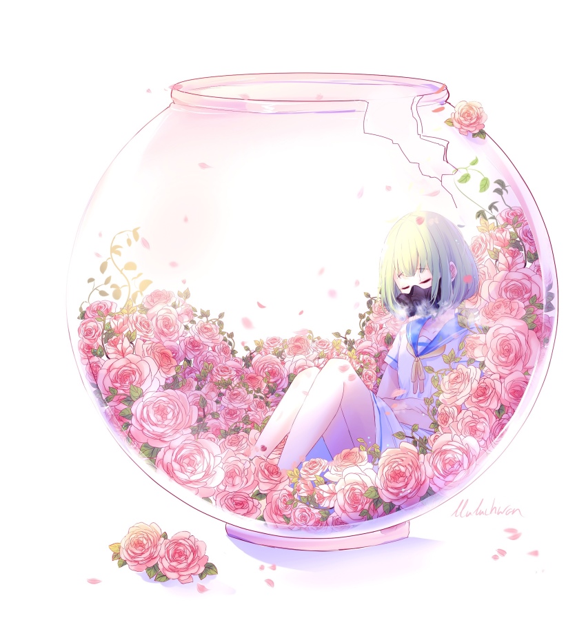1girl absurdres bed_of_roses bob_cut breath closed_eyes crack cracked_glass crossed_arms dress falling_petals fishbowl flower glass green_hair highres in_container knees_up lluluchwan mask neck_ribbon original petals plant respirator ribbon rose sailor_dress short_hair short_sleeves signature sitting sleeping solo vines