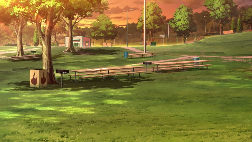 basketball_court basketball_hoop bench blurry building cloud cloudy_sky depth_of_field dirt_road fence grass grill highres iron_fence lamppost no_humans non-web_source official_art orange_clouds orange_sky our_life:_beginnings_and_always park park_bench plate road scenery sky sunset tree