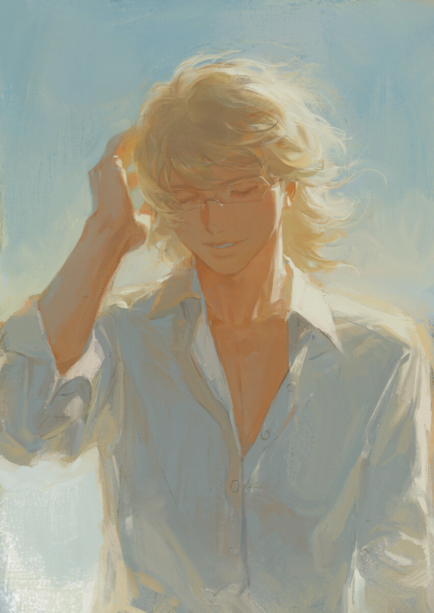 1boy absurdres barnaby_brooks_jr. blonde_hair blue_background buttons closed_eyes collared_shirt creamyghost facing_viewer highres long_sleeves male_focus parted_lips shirt short_hair solo tiger_&amp;_bunny upper_body wind