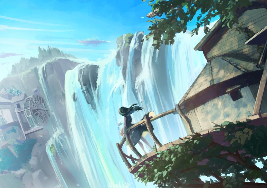 1girl absurdres balcony basket black_hair blue_sky building cliff commentary_request dress facing_away fantasy floating_hair highres holding holding_basket long_hair mo_rimori_morio original railing scenery sky solo standing treehouse water water_wheel waterfall wind
