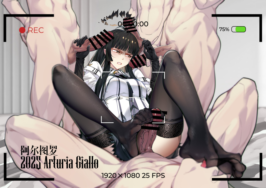 1girl 4boys absurdres arknights black_gloves black_thighhighs blunt_bangs breasts clenched_teeth commentary_request elbow_gloves feet footjob footjob_with_legwear gangbang gloves group_sex halo handjob highres knees_up legs licking licking_foot long_hair lsc5 medium_breasts mole mole_under_eye multiple_boys multiple_girls no_shoes penis teeth thighhighs toe_scrunch toes virtuosa_(arknights)