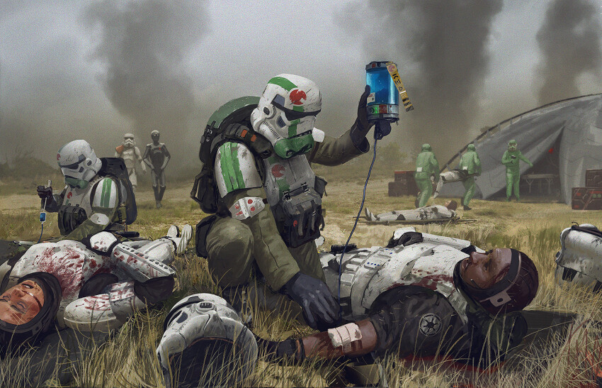 6+boys armor black_gloves blood blood_on_clothes bodysuit cable commentary droid edouard_groult english_commentary galactic_empire_(star_wars) gloves green_bodysuit green_jacket green_pants gunshot_wound helmet holding humanoid_robot jacket kneeling looking_up multiple_boys pants parted_lips robot smoke star_wars stormtrooper tent unworn_headwear unworn_helmet war