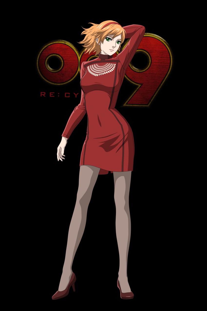 009_re:cyborg 1girl absurdres arm_at_side arm_behind_head arm_up artist_request black_background breasts brown_footwear closed_mouth copyright_name covered_navel cyborg_009 dress expressionless female_focus francoise_arnoul full_body green_eyes grey_pantyhose hairband high_heels highres lips long_sleeves looking_at_viewer medium_breasts orange_hair pantyhose red_dress red_hairband serious short_dress short_hair simple_background solo standing turtleneck turtleneck_dress