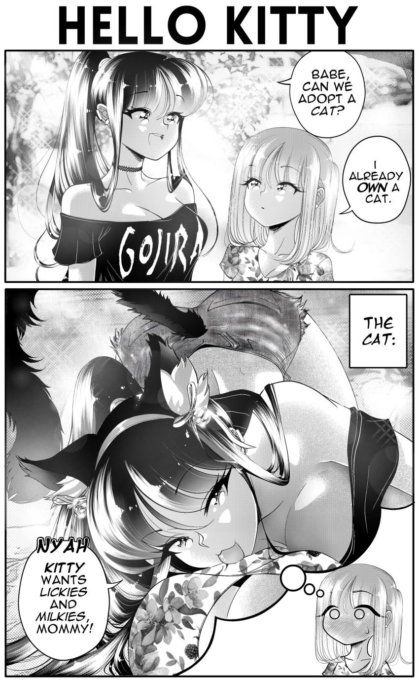 2girls 2koma absurdres animal_ears assertive_female band_shirt blush breasts cat_ears cat_tail chibi chibi_inset choker clothes_writing clothing_cutout comic commentary couple cutoffs denim denim_shorts downblouse english_commentary english_text female_pov full-face_blush gojira_(band) greyscale grs- height_difference highres imagining kemonomimi_mode large_breasts long_hair medium_hair meme merchandise monochrome multiple_girls o_o off-shoulder_shirt off_shoulder original ponytail pov right-to-left_comic shirt sharon_(grs-) shorts speech_bubble tail tail_through_clothes talia_(grs-) tongue tongue_out we_have_food_at_home_(meme) yuri