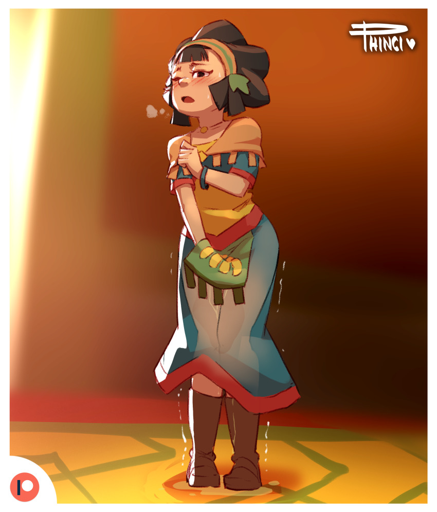 1girl absurdres apron artist_name bangle between_legs black_eyes black_hair blue_dress blurry blurry_background blush boots border bracelet breath brown_boots capelet collarbone dress embarrassed female_focus full_body hairband half-closed_eye hand_between_legs hand_up have_to_pee highres indoors jewelry kina_(zelda) necklace nintendo one_eye_closed open_mouth orange_capelet orange_hairband patreon_logo pee peeing peeing_self phinci puddle short_hair short_sleeves signature solo standing sweat the_legend_of_zelda the_legend_of_zelda:_skyward_sword trembling wet wet_clothes white_border x-ray