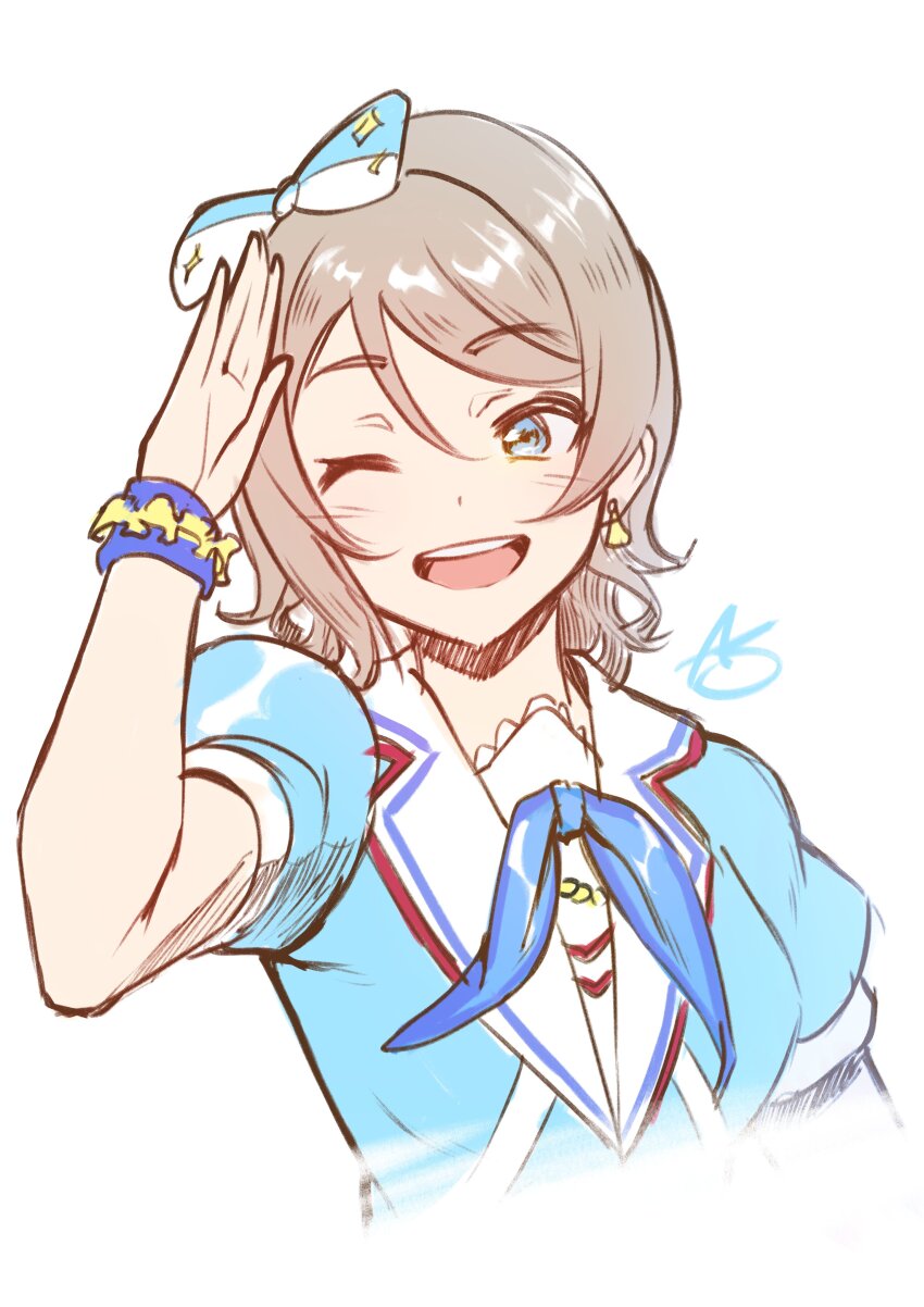 1girl ;d absurdres acrylicstroke aozora_jumping_heart blue_bow blue_eyes bow breasts commentary_request frilled_wrist_cuffs frills grey_hair hair_bow highres love_live! love_live!_sunshine!! medium_breasts medium_hair official_alternate_costume one_eye_closed open_mouth puffy_short_sleeves puffy_sleeves sailor_collar short_sleeves signature simple_background smile solo teeth upper_body upper_teeth_only w watanabe_you white_background white_sailor_collar wrist_cuffs