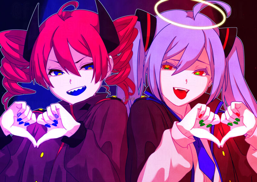 2girls ahoge alternate_costume alternate_eye_color black_background black_jacket blue_eyes blue_hair blue_nails blue_necktie buttons commentary daidaidaidaidaikirai fingernails flat_chest fumita_bntr green_nails hair_between_eyes halo hatsune_miku heart heart_hands jacket kasane_teto multiple_girls necktie red_eyes red_hair sharp_teeth shirt spotlight symbol-shaped_pupils teeth thumbs_down_heart_hands tongue tongue_out twintails upper_body upper_teeth_only utau vocaloid white_shirt