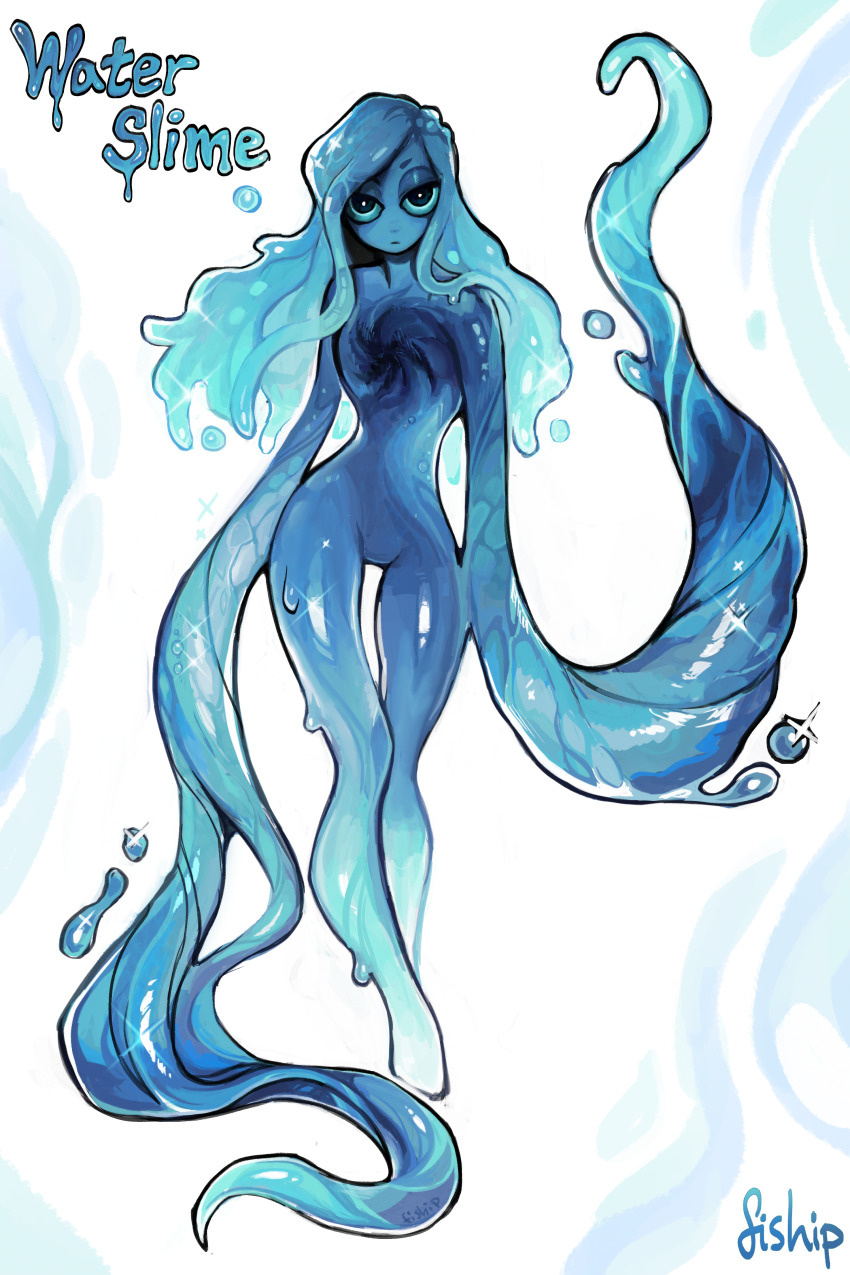 1girl absurdres artist_name blue_eyes commentary elemental_(creature) english_commentary english_text expressionless full_body highres looking_at_viewer matilda_fiship monster_girl original simple_background slime_girl solo water water_elemental white_background
