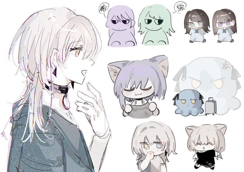 :3 absurdres animal_ears bang_dream! bang_dream!_it&#039;s_mygo!!!!! black_choker black_hair black_shirt blue_eyes brown_hair cat_ears cat_girl chinese_commentary choker closed_eyes commentary_request earrings green_eyes hanasakigawa_school_uniform heterochromia highres jewelry kaname_raana kemonomimi_mode long_hair medium_hair mole mole_under_eye octopus open_mouth purple_eyes purple_hair raana_the_cat school_uniform shiina_taki shirt simple_background squiggle togawa_sakiko u_u white_background white_hair yahata_umiri yellow_eyes yu_wyan yuutenji_nyamu