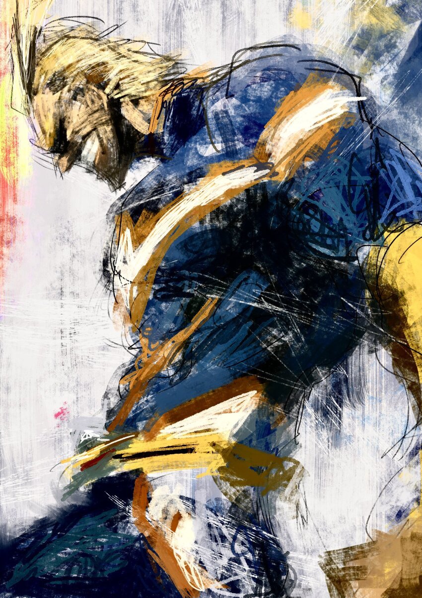 1boy abstract_background all_might blonde_hair blue_suit boku_no_hero_academia formal_clothes from_side fuyumurasaki gloves grin highres male_focus multicolored_suit muscular muscular_male short_hair sketch smile solo suit teeth yellow_gloves