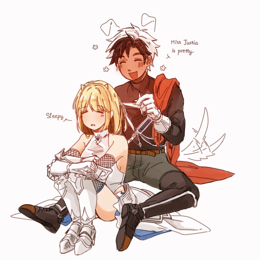 1boy 1girl armor armored_skirt belt black_hair black_shirt blonde_hair blush breasts brown_dust_(series) brown_dust_2 cape chainmail closed_eyes dark-skinned_male dark_skin demon_horns dress english_text gauntlets greaves highres horns hugging_own_legs justia_(brown_dust) justia_(reclaimed_destiny)_(brown_dust) large_breasts lathel_(brown_dust) lttalg71 multicolored_hair open_mouth red_cape shin_guards shirt short_hair side_cape sitting sleepy small_horns smile tail tail_wagging two-tone_hair white_dress white_hair