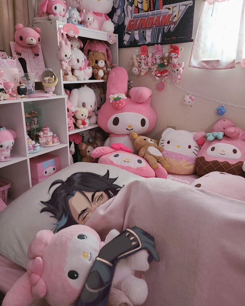 1boy absurdres bed bedroom black_hair cinnamoroll covered_mouth curtains dakimakura_(object) fuwa_fuwa_cinnamoroll genshin_impact gloomy_bear green_hair gundam gundam_wing hello_kitty hello_kitty_(character) highres looking_at_viewer luciferaza male_focus meme mobile_suit_gundam multicolored_hair my_melody one_eye_closed onegai_my_melody photo_background pillow poster_(object) rilakkuma sailor_moon san-x sanrio short_hair solo stuffed_animal stuffed_cat stuffed_rabbit stuffed_toy teddy_bear tsukino_usagi twitter_username under_covers window xiao_(genshin_impact) yellow_eyes