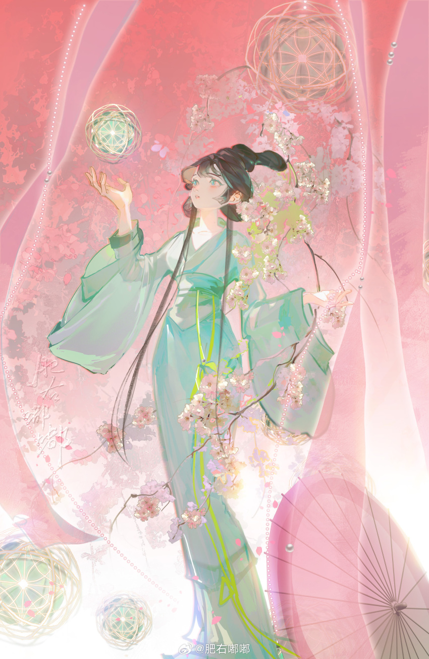 1girl absurdres aqua_eyes aqua_hanfu black_hair blunt_bangs cherry_blossoms fei_you_dudu flower full_body gradient_background hair_bun highres light_blush lipstick long_sidelocks long_sleeves looking_at_object makeup object_floating_above_hand oil-paper_umbrella original parted_lips pink_background pink_flower pink_lips pink_umbrella short_hair_with_long_locks sidelocks single_hair_bun solo standing umbrella updo watermark weibo_watermark wide_sleeves