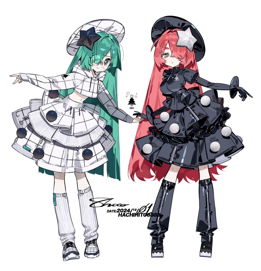2girls absurdres beret black_dress black_gloves black_hat black_vs_white blunt_bangs blunt_ends breasts christmas_ornaments christmas_tree closed_mouth commentary cropped_hoodie dress elbow_gloves full_body gloves green_hair grid_print hachihito hair_ornament hair_over_one_eye hat highres hood hood_down hoodie large_breasts layered_dress leg_warmers long_hair long_sleeves looking_at_viewer midriff multiple_girls original pleated_dress red_hair round_eyewear shoes simple_background skirt smile standing star_(symbol) star_hair_ornament symbol-only_commentary white_background white_hat white_hoodie white_shoes white_skirt