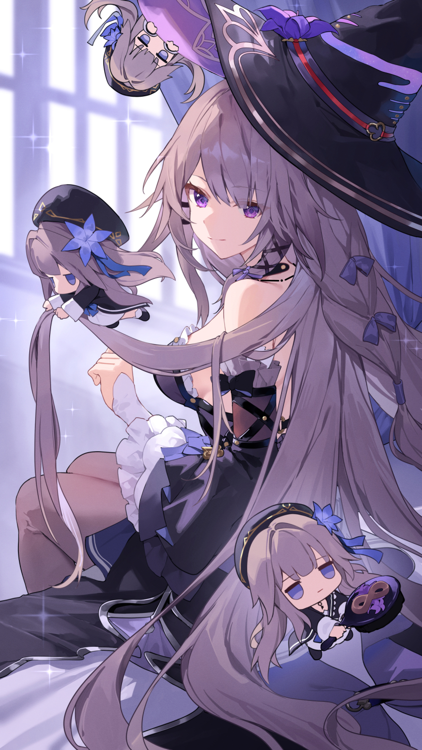 1girl amagasa_yun black_dress black_pantyhose brown_hair closed_mouth detached_sleeves dress hand_up hat herta_(honkai:_star_rail) highres honkai:_star_rail honkai_(series) indoors jewelry long_hair long_sleeves looking_at_viewer necklace pantyhose purple_eyes sitting smile the_herta_(honkai:_star_rail) very_long_hair wide_sleeves witch_hat