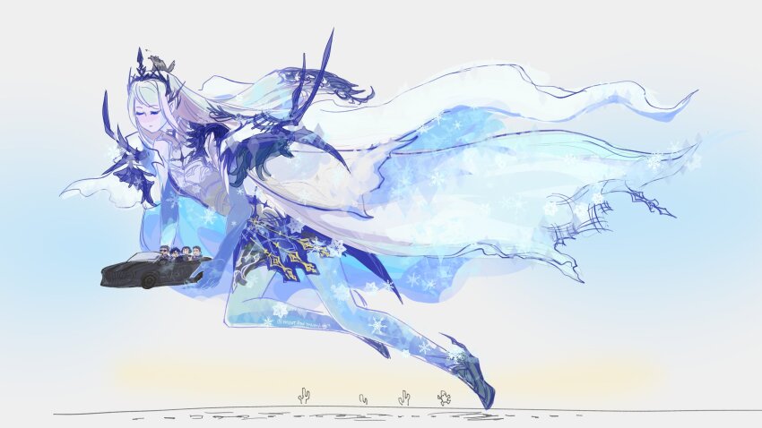 animal animal_on_head cactus car carrying cidolfus_telamon clive_rosfield final_fantasy final_fantasy_xv final_fantasy_xvi giant giantess highres jill_warrick mintfoxmimi motor_vehicle on_head regalia_(final_fantasy) sabotender shiva_(final_fantasy) torgal_(ff16)