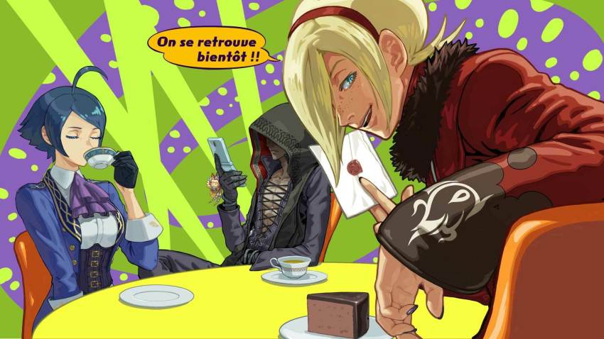 1girl 2boys ash_crimson blonde_hair blue_hair corset cup drinking elisabeth_blanctorche french_text fur_trim highres hood hoodie kukri_(kof) multiple_boys official_art ogura_eisuke sitting snk the_king_of_fighters the_king_of_fighters_xv
